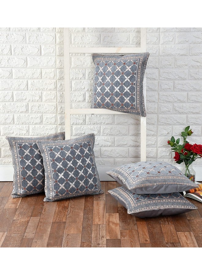 DECOMIZER Jacquard Geomteric Cushion Covers 16 Inch X 16 Inch Set Of 5 Ethnic Motifs Cushion Covers,Design- Criss-Cross,Color- Grey, 240 TC - Image 2