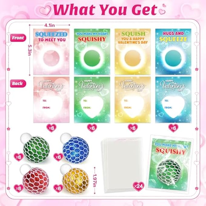 Shemira Valentines Day Cards for Kids School Classroom, 24 Stretch Squeeze Balls Fidget Toys with Valentines Cards, Valentines Cards Gifts for Kids School Classroom Exchange, Valentine Party Favors for Kids - Image 2