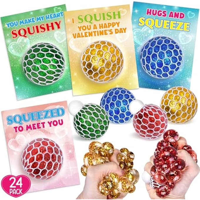 Shemira Valentines Day Cards for Kids School Classroom, 24 Stretch Squeeze Balls Fidget Toys with Valentines Cards, Valentines Cards Gifts for Kids School Classroom Exchange, Valentine Party Favors for Kids - Image 1