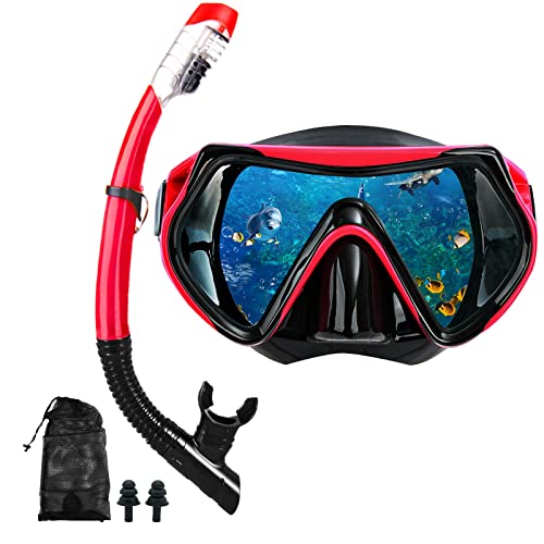 Snorkel mask Snorkeling Set for Adults and Youth Diving mask and Full Dry Snorkel Swim Googles is Suitable for Snorkeling Dive Scuba Diving Swimming RED