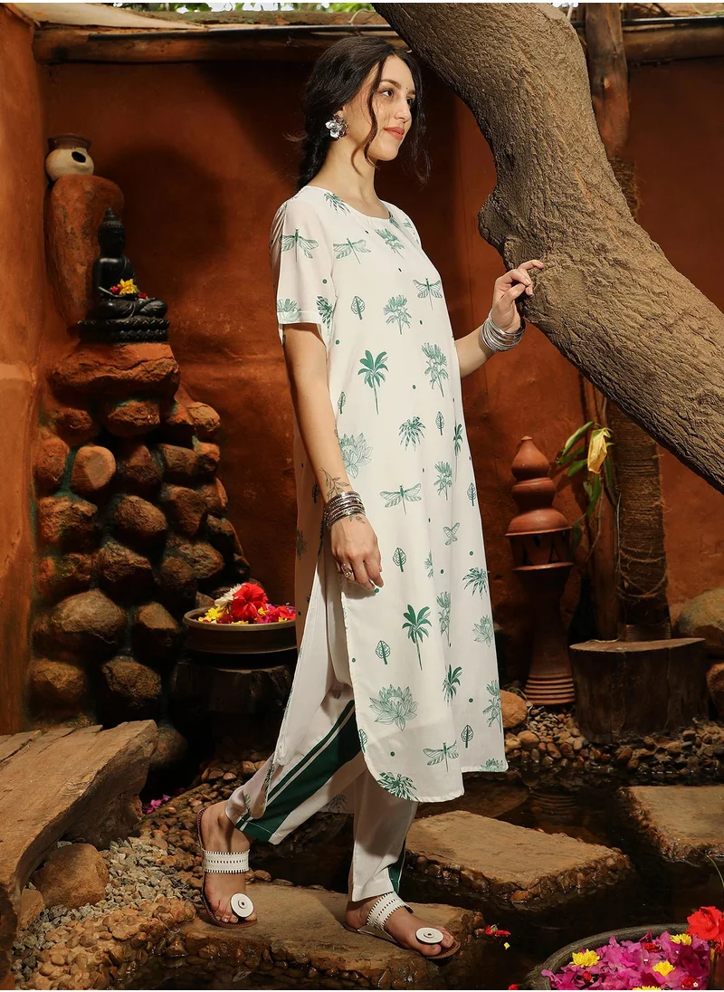 QISSA Women's Hunter Green Dragonfly Palm Kurta With Trousers