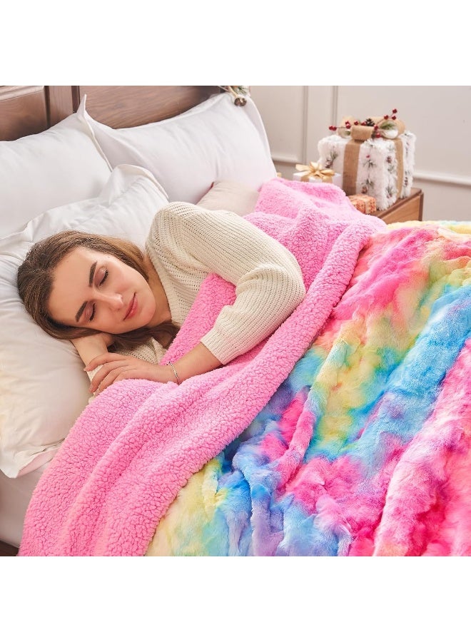 NEWCOSPLAY Super Soft Faux Fur Throw Blanket for Couch Dark Rainbow Sherpa Fuzzy Plush Warm Blanket for Sofa Bed (Dark Rainbow, Throw(50"x60")) - Image 3