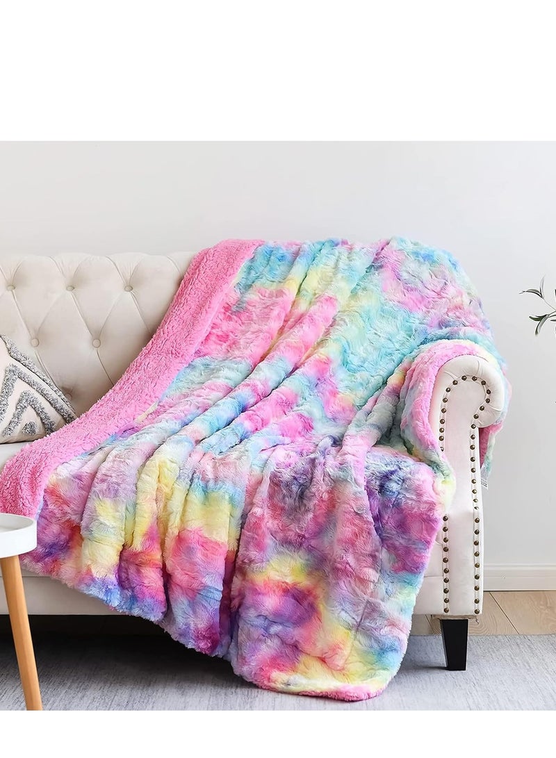 NEWCOSPLAY Super Soft Faux Fur Throw Blanket for Couch Dark Rainbow Sherpa Fuzzy Plush Warm Blanket for Sofa Bed (Dark Rainbow, Throw(50"x60")) - Image 1