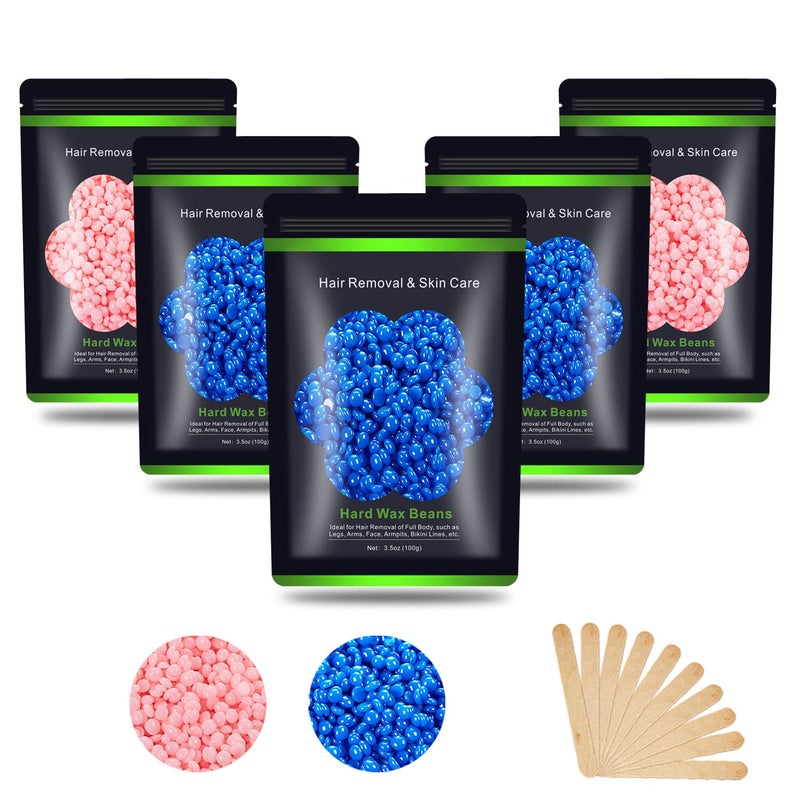 Auperwel Wax Beads for Hair Removal 11 lb 176 oz Hard Wax Waxing Beads Kit for Sensitive Skin Brazilian Face Bikini Eyebrow Legs Painless for Women Men 5 packs with 10 Sticks