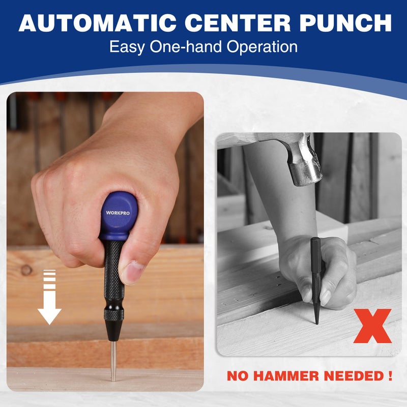 WORKPRO 5" Automatic Center Punch for Metal, Adjustable Spring Loaded Center Punch with Cushion Cap, Metal Punch Tool, Center Hole Punch for Wood, Metal, Plastic - Image 5