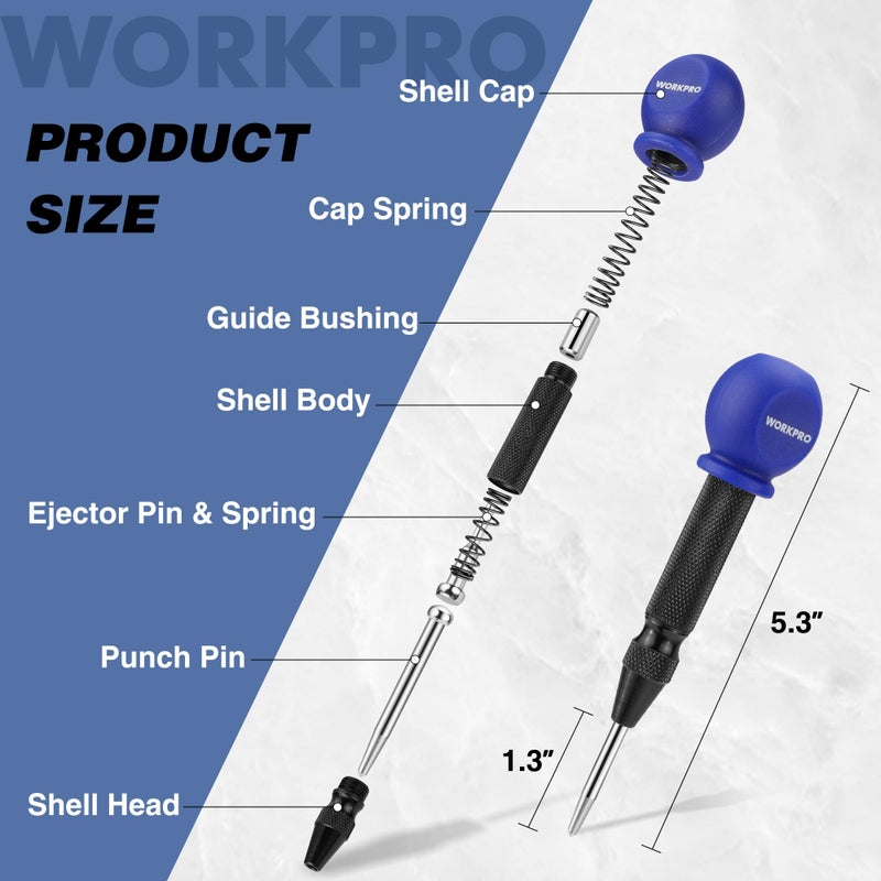 WORKPRO 5" Automatic Center Punch for Metal, Adjustable Spring Loaded Center Punch with Cushion Cap, Metal Punch Tool, Center Hole Punch for Wood, Metal, Plastic - Image 2