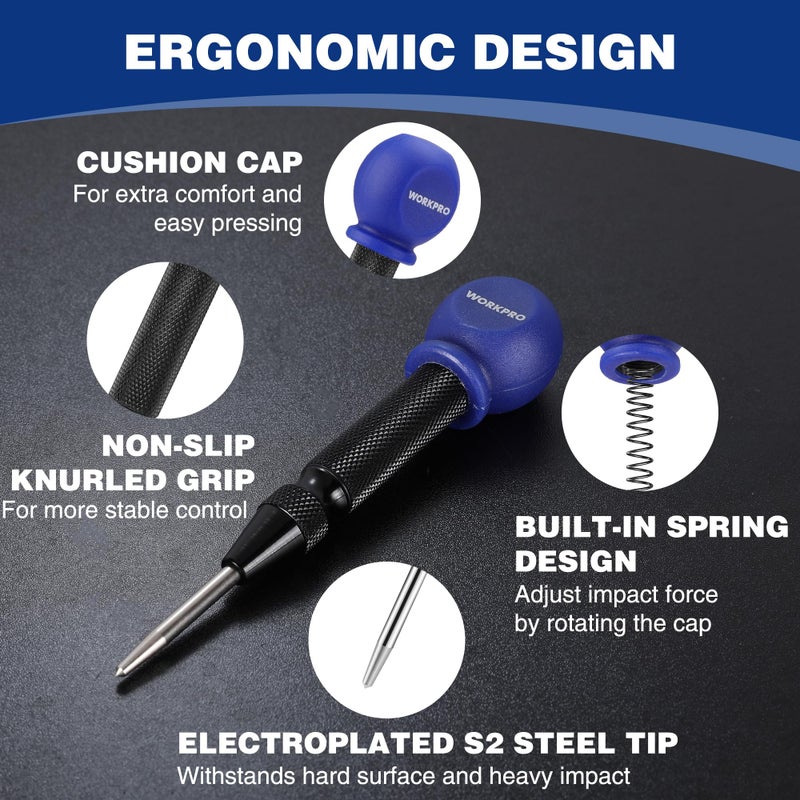 WORKPRO 5" Automatic Center Punch for Metal, Adjustable Spring Loaded Center Punch with Cushion Cap, Metal Punch Tool, Center Hole Punch for Wood, Metal, Plastic - Image 3