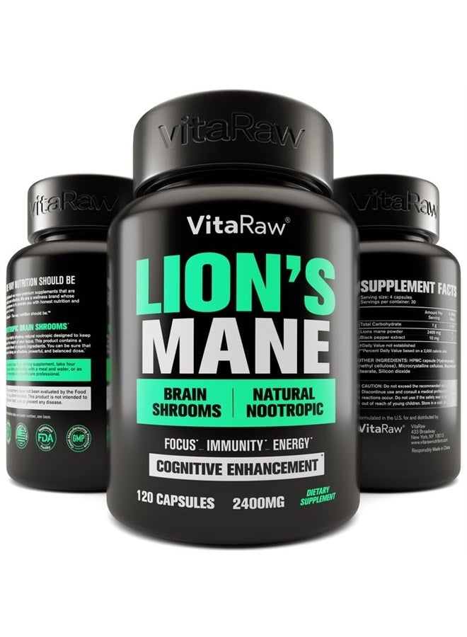 VitaRaw Organic Lions Mane Supplement Capsules 2400 mg - Powerful Nootropic - Helps Maintain Memory, Energy, and Mental Clarity - Vegan Brain Booster Focus Pills - Real Lion's Mane Supplement - Melena de Leon - Image 1