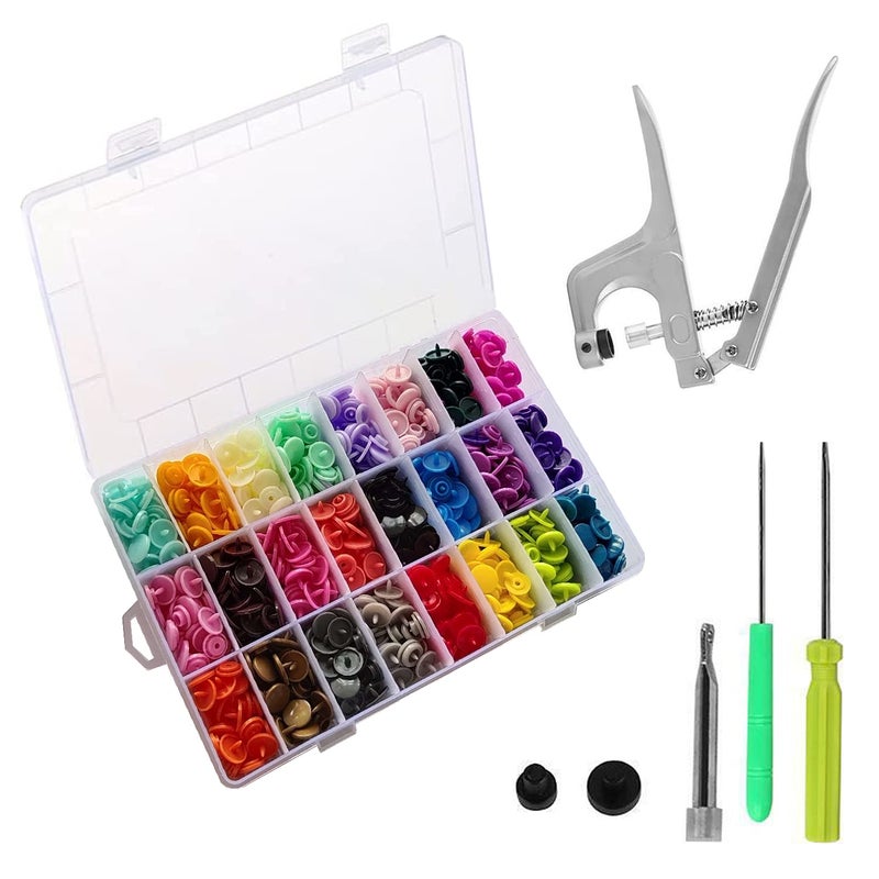 Trimming Shop 360 Sets Plastic Snaps Set with Snap Press Pliers T5 NoSew KAM Snap Starter Kit 24 Colors Poppers DIY Studs with Clear Storage Box for Woollen Clothing Kid Wear Fabrics Nappies Bibs