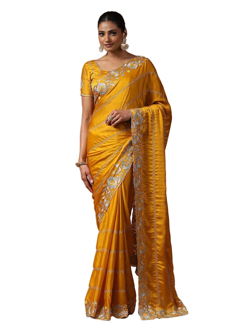 saree mall ساري مول ساري حرير ساتان مزخرف بالزهور للنساء باللون الأصفر مع قطعة بلوزة غير مخيطة (ANIKA1203_AG) - Image 1