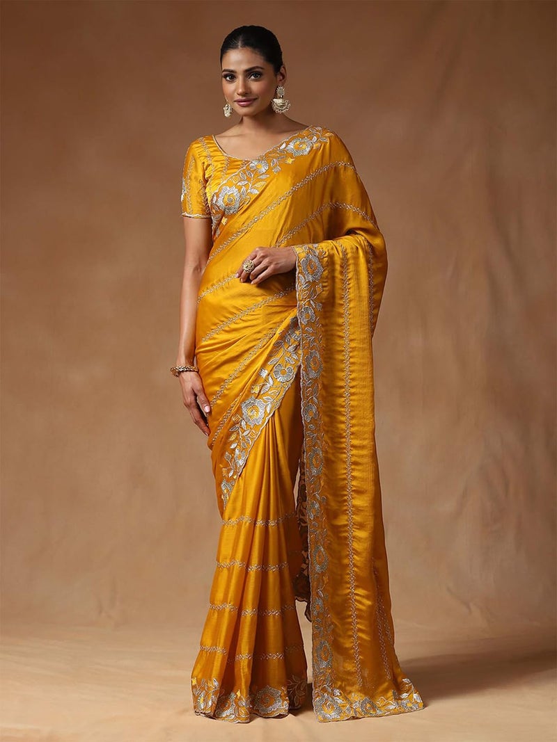 saree mall ساري مول ساري حرير ساتان مزخرف بالزهور للنساء باللون الأصفر مع قطعة بلوزة غير مخيطة (ANIKA1203_AG) - Image 3