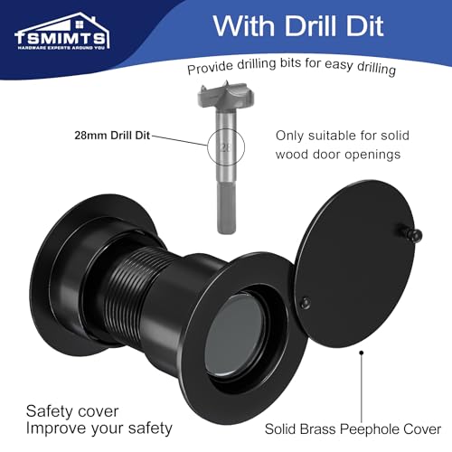TSMIMTS Door Viewer Peephole, Solid Brass 220 Degree HD Door Viewer, with 1-7/64″ (28mm) Drill Bit and Privacy Cover, Compatible with Door Thick from 1-21/32" to 2-1/8" Matte Black Finish - Image 2
