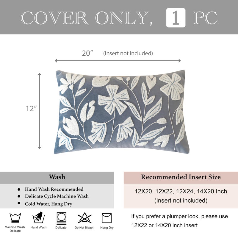 BlissBlush 12x20 Lumbar Pillow Cover, Grayish Blue Rectangular Decorative Throw Pillowcase for Couch Sofa, Floral Tufted Embroidered Velvet Farmhouse Accent Cushion (Cover Only) - Image 5