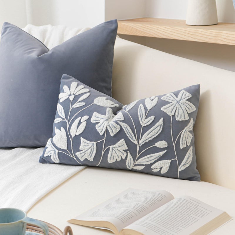 BlissBlush 12x20 Lumbar Pillow Cover, Grayish Blue Rectangular Decorative Throw Pillowcase for Couch Sofa, Floral Tufted Embroidered Velvet Farmhouse Accent Cushion (Cover Only) - Image 1