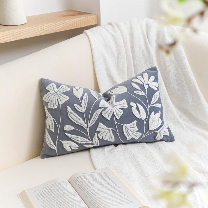 BlissBlush 12x20 Lumbar Pillow Cover, Grayish Blue Rectangular Decorative Throw Pillowcase for Couch Sofa, Floral Tufted Embroidered Velvet Farmhouse Accent Cushion (Cover Only) - Image 4