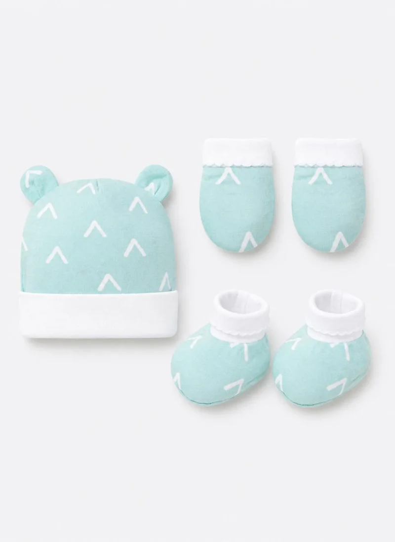 Infancie Newborn 3-Piece Green Cotton Printed Hat, Mittens and Booties