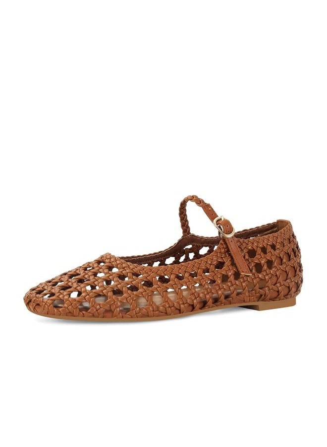 MICIFA Woven Mesh Ballet Flats for Women Round Toe Mary Jane Flats Buckle Strap Ballerina Flats Comfortable Dress Casual Flat Shoes, Brown, 8 - Image 1