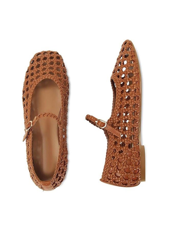 MICIFA Woven Mesh Ballet Flats for Women Round Toe Mary Jane Flats Buckle Strap Ballerina Flats Comfortable Dress Casual Flat Shoes, Brown, 8 - Image 4