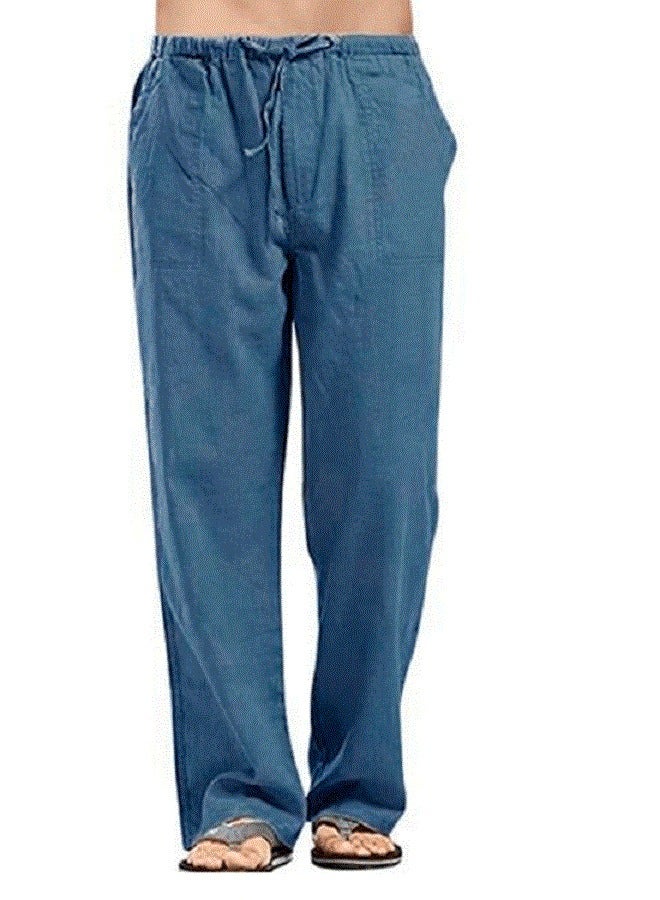 NIBEMINENT Men's Large Flax Wide Leg Pants Blue