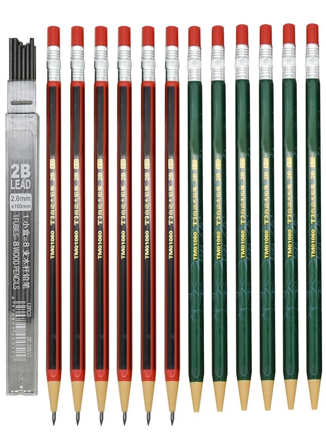 Maydahui 12 PCS Mechanical Pencil with Sharpener Novelty Non Sharpening Automatic Pencil with 12 PCS 2B Lead Refills 2.0 mm Classic Red Green Pole Plastic Simulation Timber for School Writing Drawing - Image 1