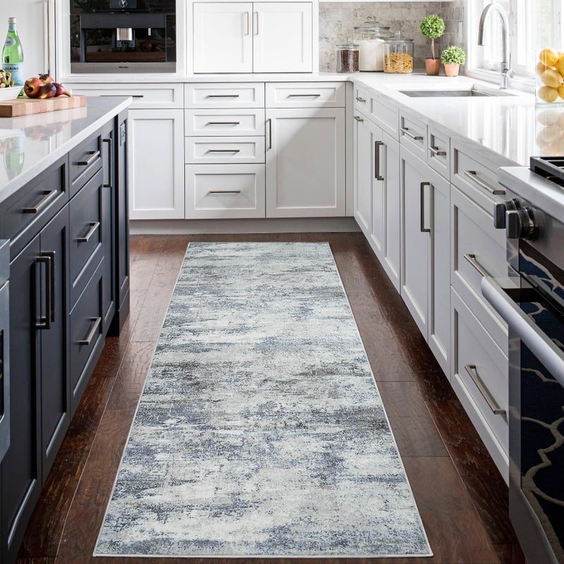 Aelenmu Runner Rug for Hallways Kitchen 2'6"x8' Washable Non Slip: Carpet Non Skid 8ft Entryway Rubber Backed 8 Feet Neutral Abstract Modern Rug Low Pile Pet Friendly Indoor Blue Grey - Image 3