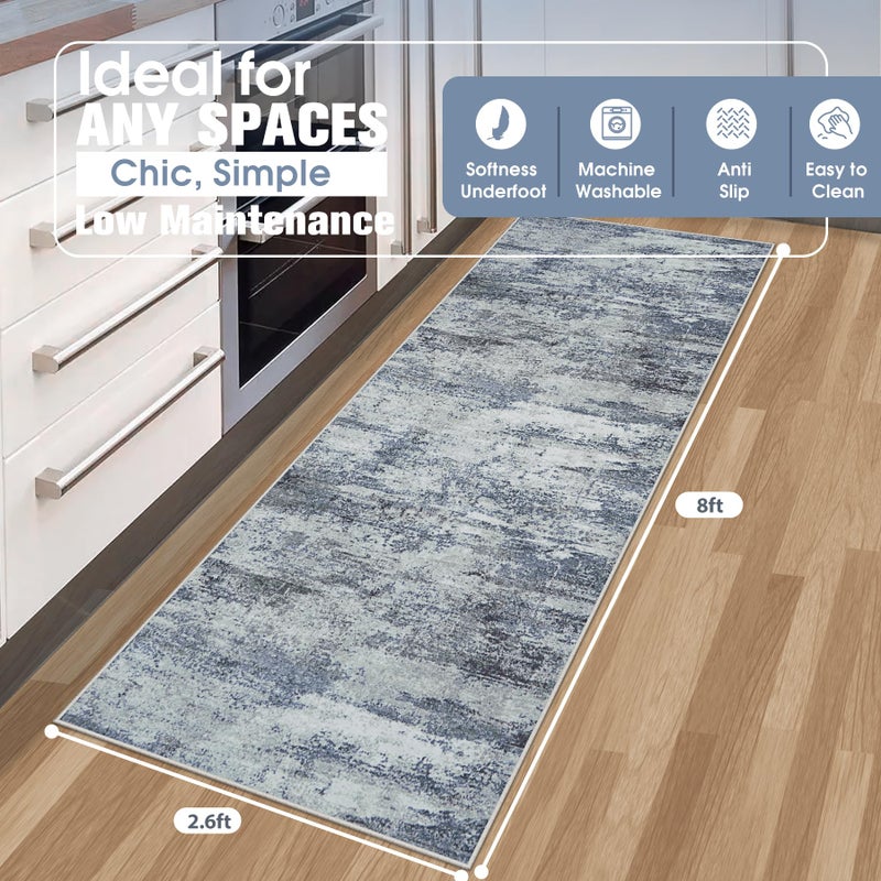 Aelenmu Runner Rug for Hallways Kitchen 2'6"x8' Washable Non Slip: Carpet Non Skid 8ft Entryway Rubber Backed 8 Feet Neutral Abstract Modern Rug Low Pile Pet Friendly Indoor Blue Grey - Image 2