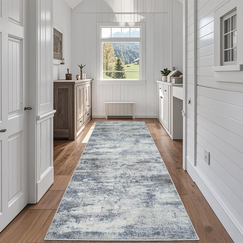 Aelenmu Runner Rug for Hallways Kitchen 2'6"x8' Washable Non Slip: Carpet Non Skid 8ft Entryway Rubber Backed 8 Feet Neutral Abstract Modern Rug Low Pile Pet Friendly Indoor Blue Grey - Image 1