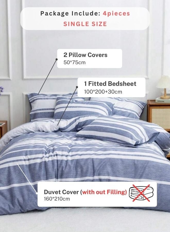 LUNA Home Single Size 4 Pieces Blue Stripe Design Duvet Cover Set  - Image 2