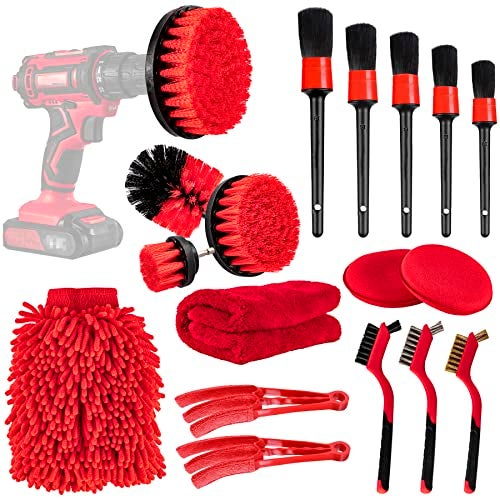 Amiss 18 PCS Car Cleaning Tools Kit, Car Detailing Brush Set with Driller Attachment Set, Car Wash Kit, Car Cleaning Brushes for Cleaning Interior, Exterior, Wheels, Etc. (Red) - Image 1
