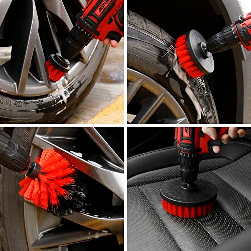 Amiss 18 PCS Car Cleaning Tools Kit, Car Detailing Brush Set with Driller Attachment Set, Car Wash Kit, Car Cleaning Brushes for Cleaning Interior, Exterior, Wheels, Etc. (Red) - Image 3