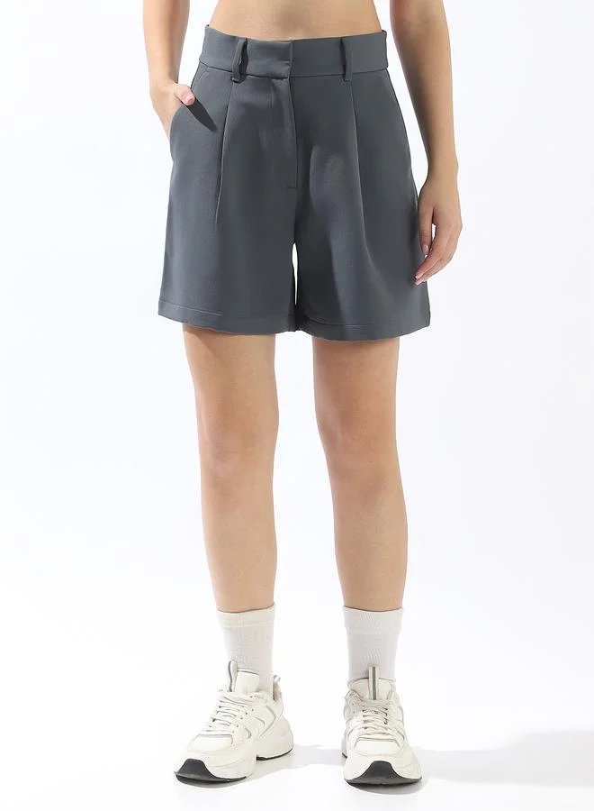 Hubberholme Women's Charcoal Polyester Blend Solid Cropped Casual Tailored Fit Shorts
