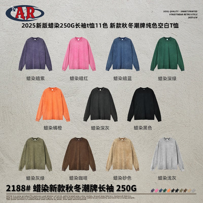 Trendy Brand New Snowflake Pattern 250g T-Shirt Autumn and Winter Solid Color Pure Cotton Washed Vintage European and American Style Base Layer Men's Long-Sleeve T-Shirt - Image 3