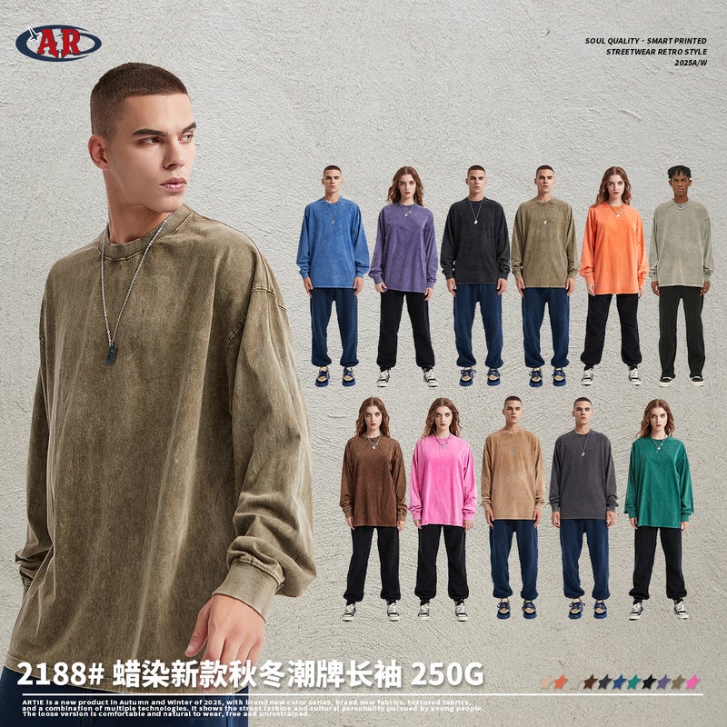 Trendy Brand New Snowflake Pattern 250g T-Shirt Autumn and Winter Solid Color Pure Cotton Washed Vintage European and American Style Base Layer Men's Long-Sleeve T-Shirt - Image 2