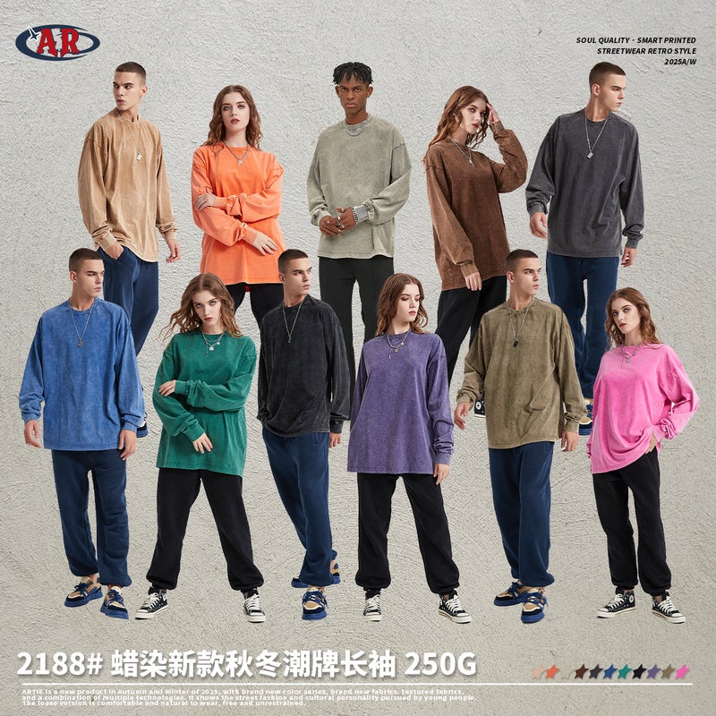 Trendy Brand New Snowflake Pattern 250g T-Shirt Autumn and Winter Solid Color Pure Cotton Washed Vintage European and American Style Base Layer Men's Long-Sleeve T-Shirt - Image 4