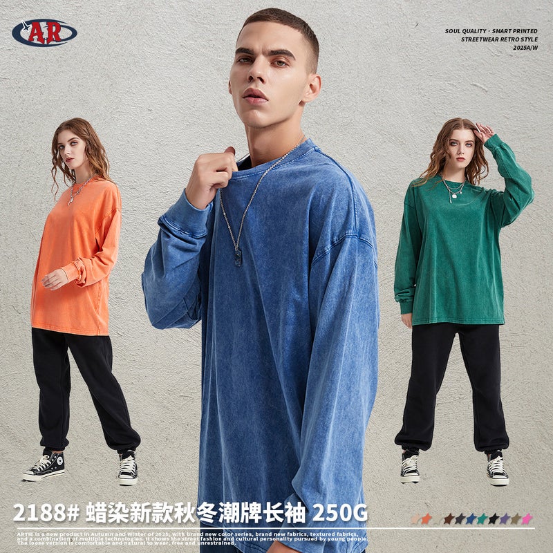 Trendy Brand New Snowflake Pattern 250g T-Shirt Autumn and Winter Solid Color Pure Cotton Washed Vintage European and American Style Base Layer Men's Long-Sleeve T-Shirt - Image 5