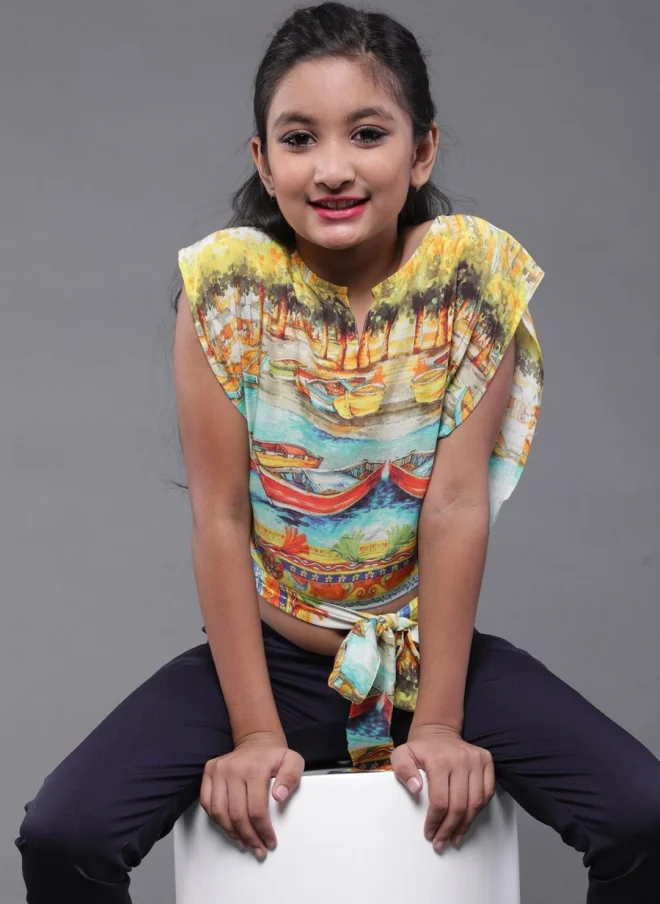 أيه كيه إس Conversational Printed Silk Blend Top for Girls