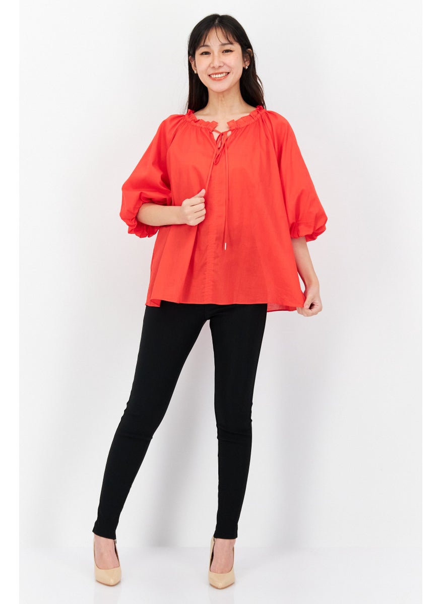 Jones New York - Women Tie Neck 3/4 Sleeves Plain Top, Red - Image 1