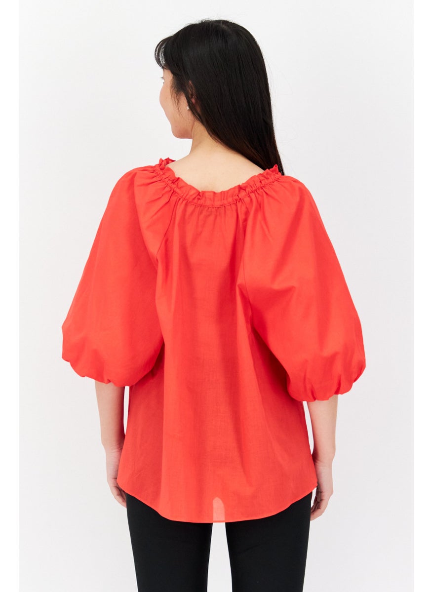 Jones New York - Women Tie Neck 3/4 Sleeves Plain Top, Red - Image 1