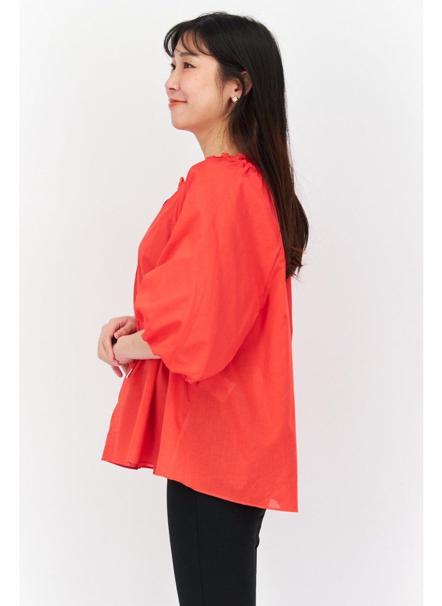 Jones New York - Women Tie Neck 3/4 Sleeves Plain Top, Red - Image 1