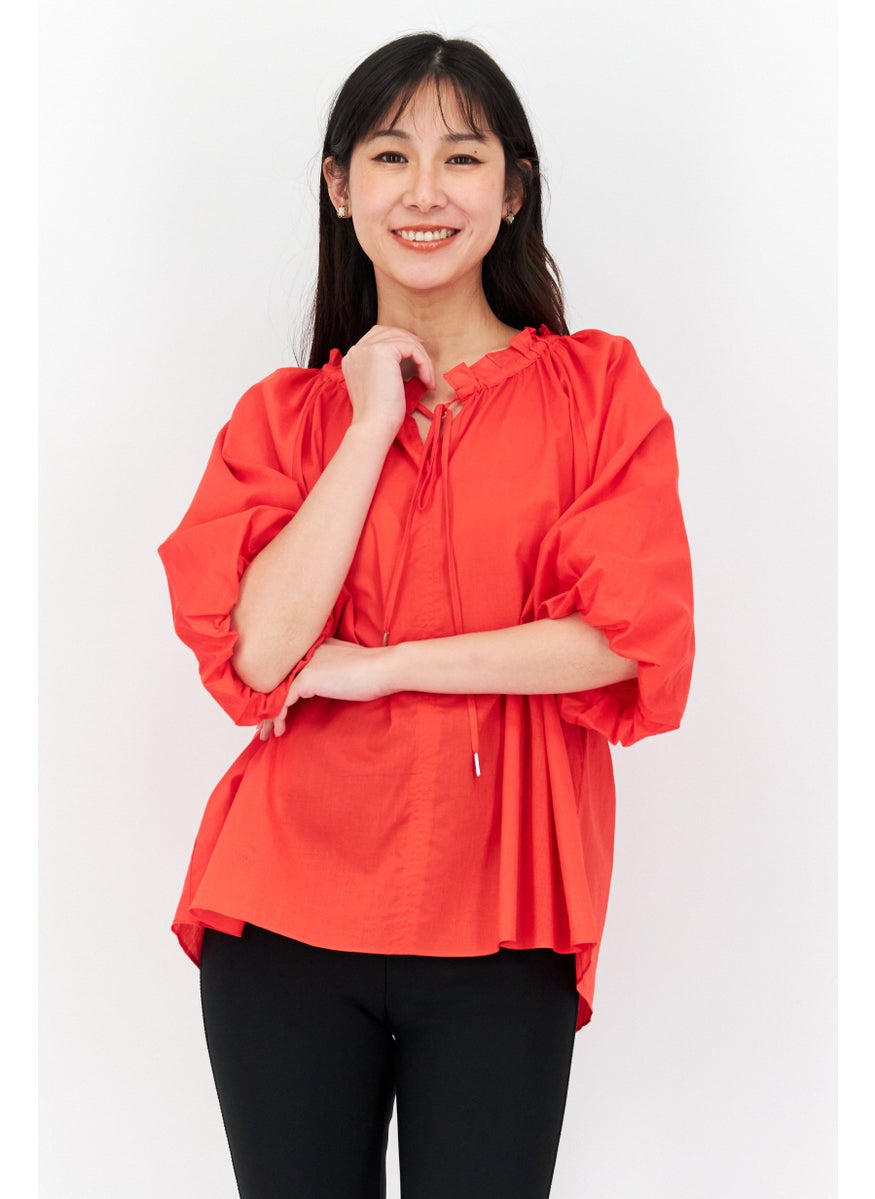 Jones New York - Women Tie Neck 3/4 Sleeves Plain Top, Red - Image 1