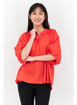 Jones New York Women Tie Neck 3/4 Sleeves Plain Top, Red  - Image 1