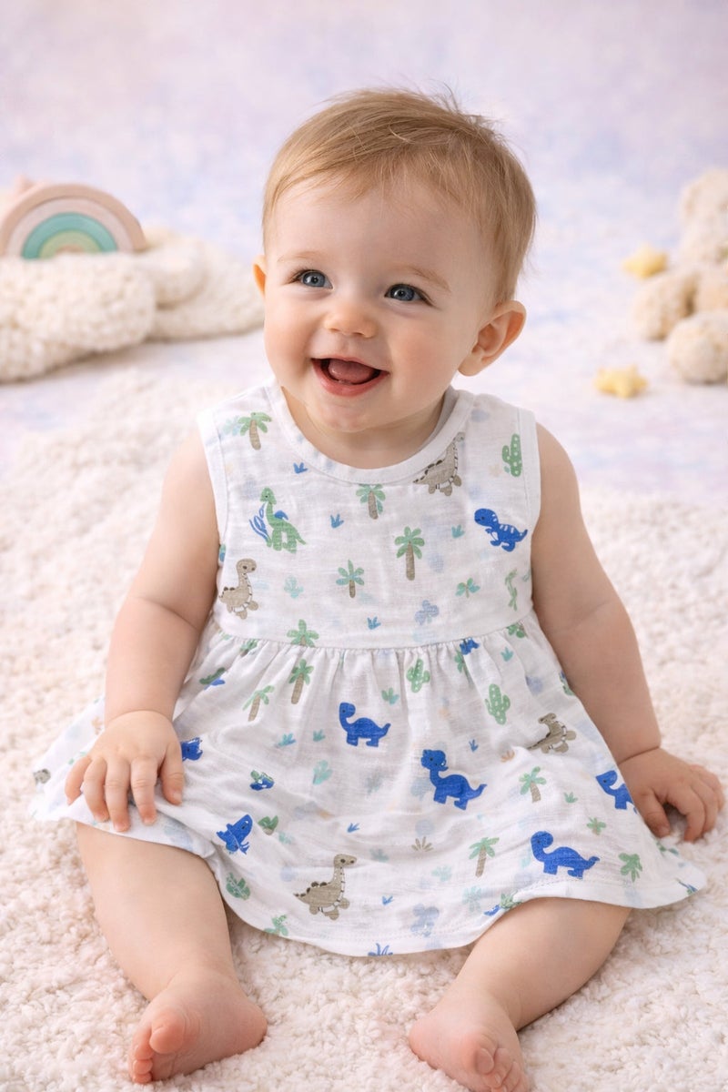 Pack of 5 - Baby Girl Muslin Cotton Sleeveless Zip Dress - Soft Breathable Summer Frock with Cute Prints for 9-12 Months Baby - Image 2