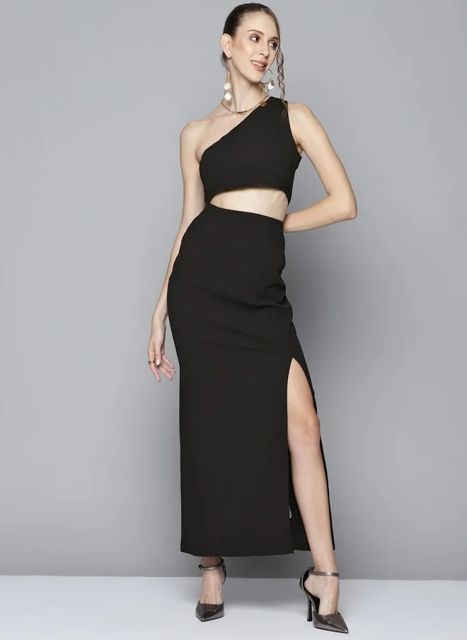 SASSAFRAS Black One Shoulder Sheath Maxi Dress for Women