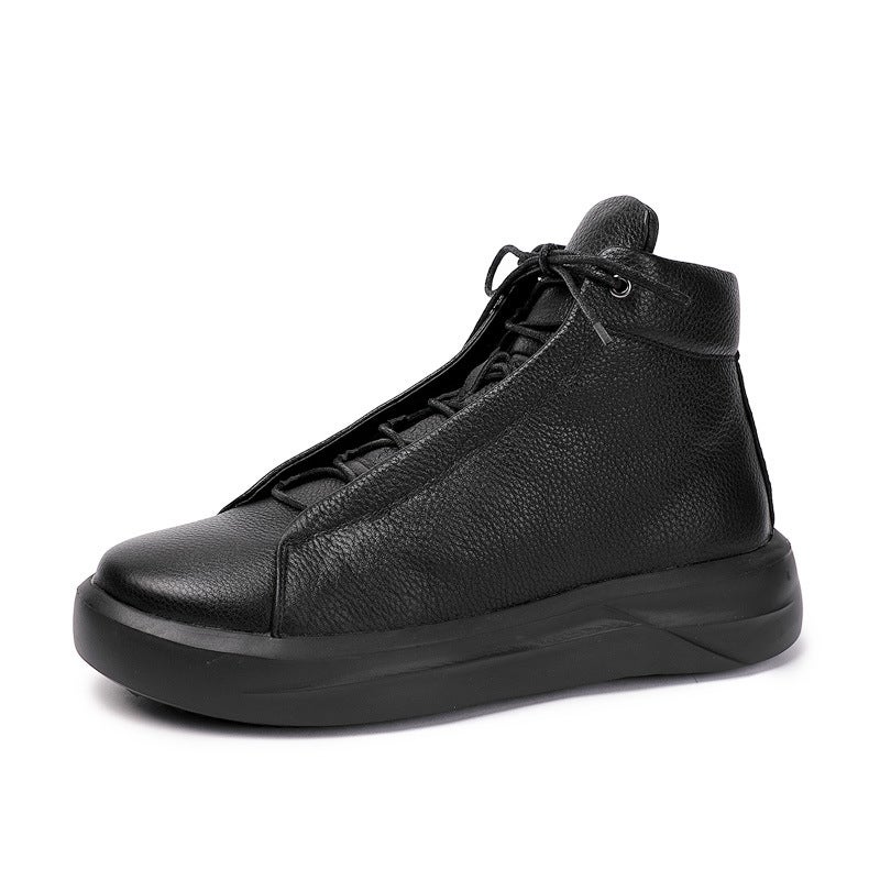 European Station Men'S Retro Cowhide High-Top Platform Shoes Short Boots Light Luxury Thick-Soled Pure Black Fashionable Shoes Round Toe Martin Boots - Image 1