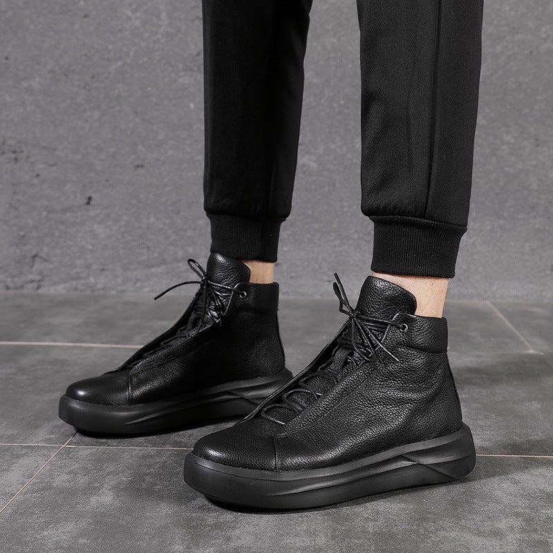 European Station Men'S Retro Cowhide High-Top Platform Shoes Short Boots Light Luxury Thick-Soled Pure Black Fashionable Shoes Round Toe Martin Boots - Image 2