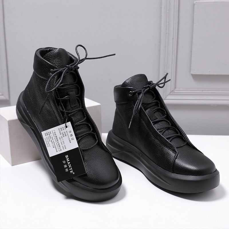 European Station Men'S Retro Cowhide High-Top Platform Shoes Short Boots Light Luxury Thick-Soled Pure Black Fashionable Shoes Round Toe Martin Boots - Image 5