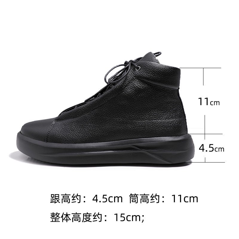 European Station Men'S Retro Cowhide High-Top Platform Shoes Short Boots Light Luxury Thick-Soled Pure Black Fashionable Shoes Round Toe Martin Boots - Image 4