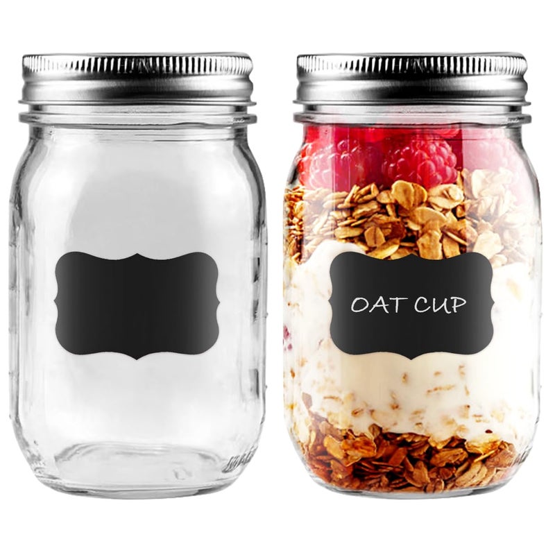 Showvigor 2-Pack 16oz Mason Jars with Labels - Regular Mouth Glass Jars with Airtight Lids & 2 Write-On Labels - for Canning, Overnight Oats, Meal Prep, Jam, Salad Dressing - Image 1