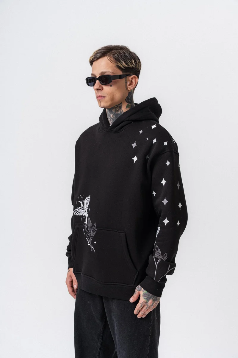 ريسباير هودي رجالي واسع (Oversize) بغطاء رأس مطرز بعبارة "No Perch" لون أسود