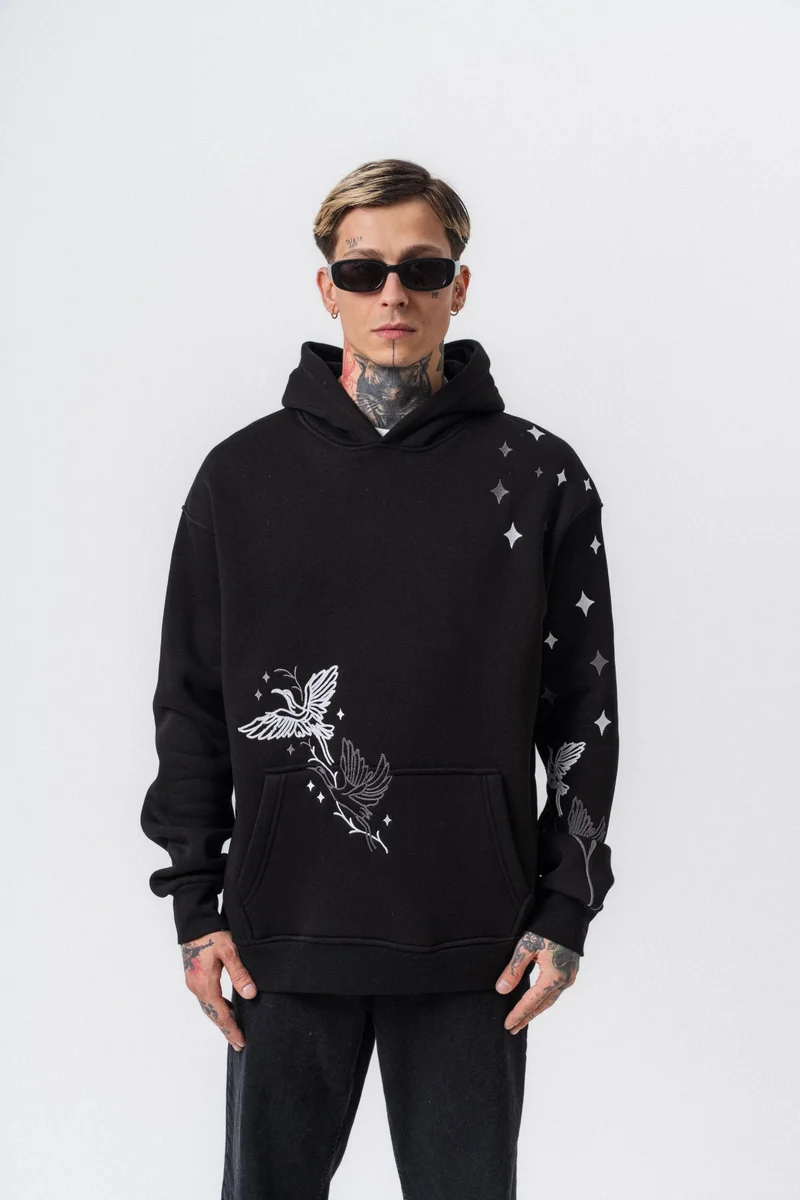 ريسباير هودي رجالي واسع (Oversize) بغطاء رأس مطرز بعبارة "No Perch" لون أسود